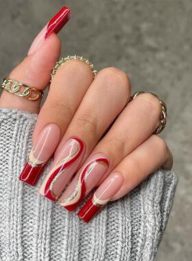 正品车厘子红法式穿戴甲波浪美甲拼色假指甲Press on nail穿戴甲