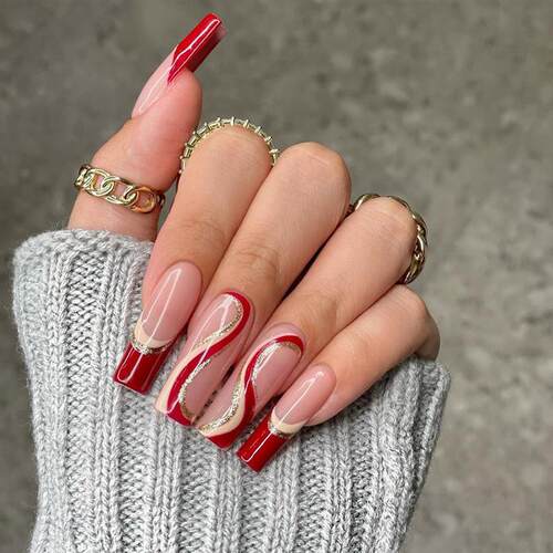正品车厘子红法式穿戴甲波浪美甲拼色假指甲Press on nail穿戴甲
