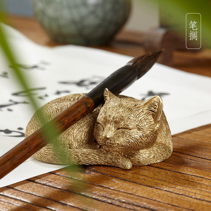 保真速发纯铜笔搁笔架猫摆件x办公桌镇纸压纸金属镇尺可爱手工雕