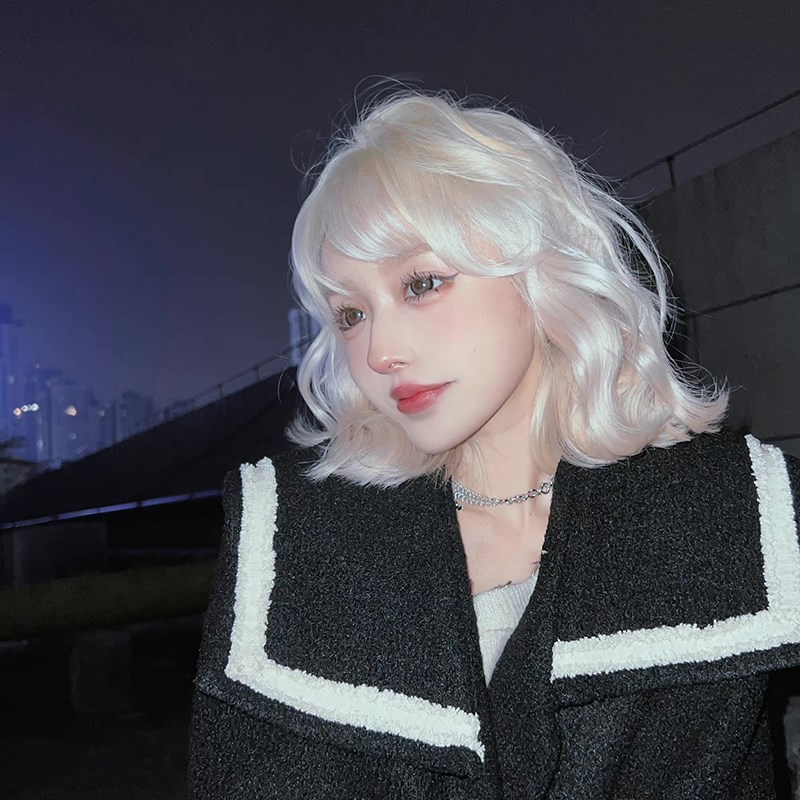 保真速发网红主播假发女r羊毛卷个性银白色短发锁骨自然短卷发玉