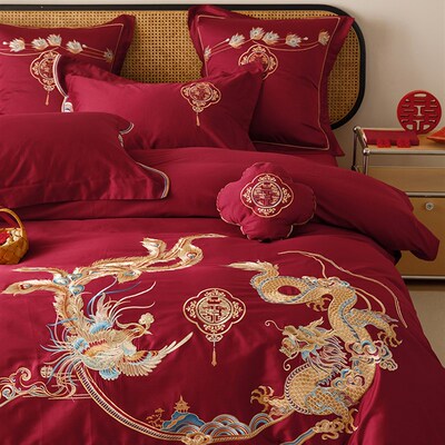 速发婚绒100S长庆棉全高四件套中式结婚刺绣红色棉档