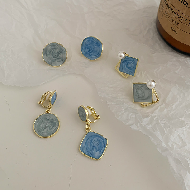 速发秋季撞色不对称耳骨夹蓝色小众高级感几何无耳洞耳环气质简约