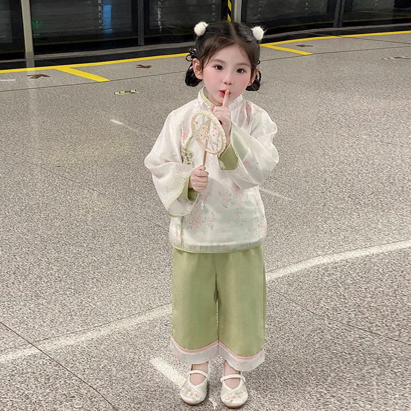 速发女童汉服春装宝宝中国风阔腿裤套装小女孩民国风童装儿童改良