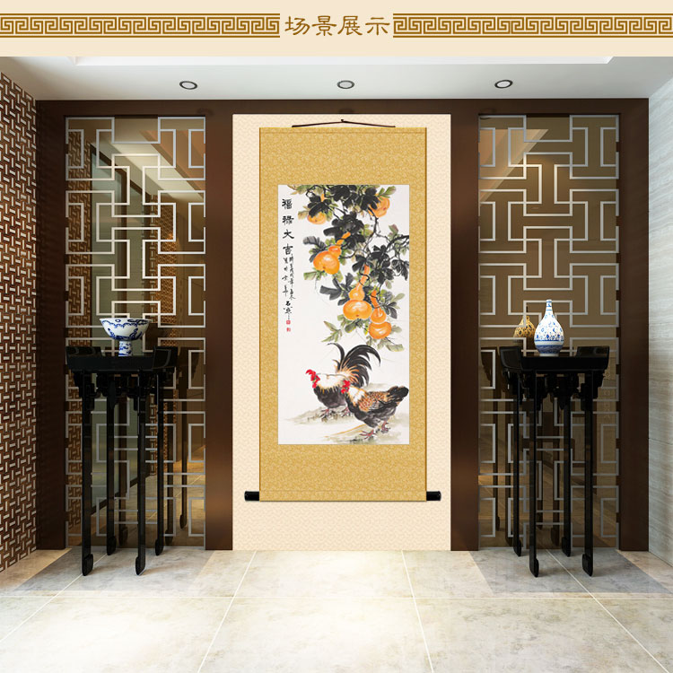 保真速发福禄大吉k图 葫芦公鸡雄鸡一唱天下白挂画 丝绸画卷轴画