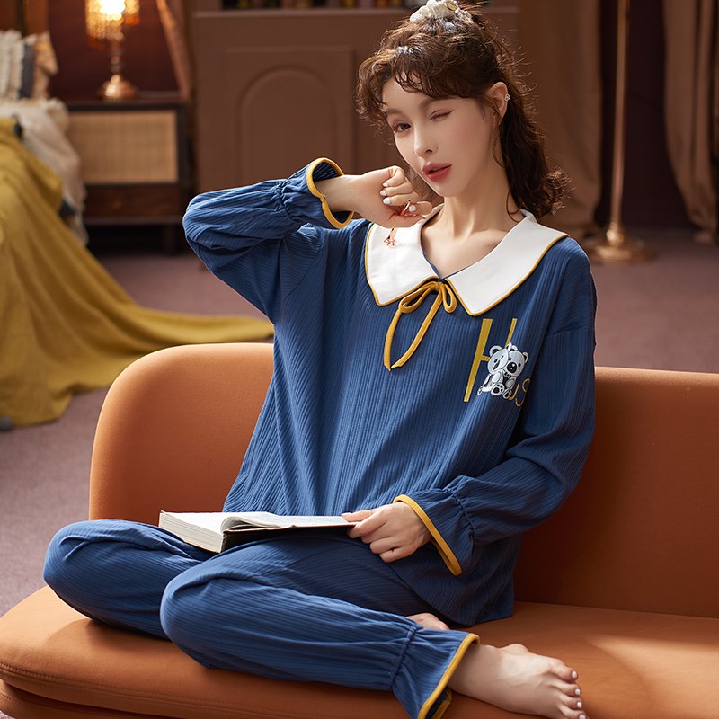 现货春秋季睡衣女款自带胸垫一体套装长袖大码冬夏天可外穿家居服