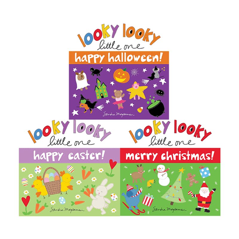 英文原版 套装二 节日绘本纸板书 Looky Looky Little One 3册 Halloween/Easter/Christmas 启蒙认知系列 Sandra Magsamen