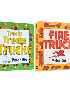 英文原版 Trucks Trucks Trucks Fire Truck 纸板书 交通工具2册 Peter Sis 儿童经典绘本 英语启蒙图画书