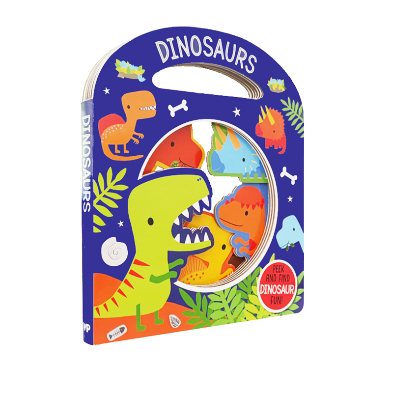 英文原版 Busy Windows Dinosaurs 异型镂空设计 手提袋造型纸板书 幼儿英语早教启蒙触摸洞洞书 亲子互动