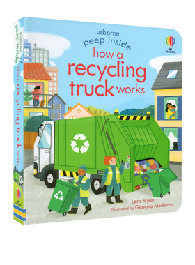 英文原版 Usborne 偷偷看里面系列 How a Recycling Truck Works 回收车工作原理 儿童启蒙纸板机关翻翻书 经典童话故事绘本