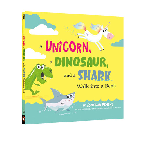 英文原版 独角兽、恐龙和鲨鱼走进书中 A Unicorn, a Dinosaur, and a Shark Walk into a Book 儿童精装绘本 Jonathan Fenske