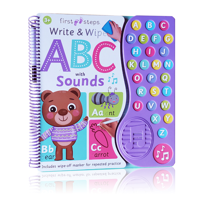 擦写发音纸板书大开本 First Steps Write and Wipe ABC with Sounds 儿童互动字母学习绘本 附赠马克笔 0-3岁 英文原版