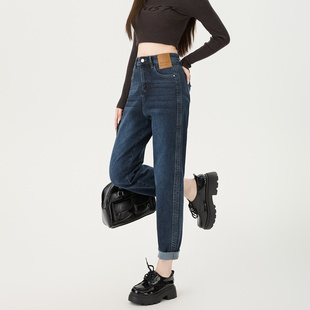 胖mm显瘦老爹裤 大码 子 女弹力高腰宽松2025秋冬新款 哈伦加绒牛仔裤