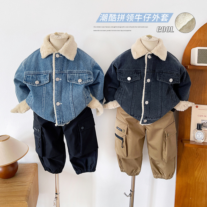2025冬季新款儿童韩版加绒加厚牛仔外套男女童秋冬保暖
