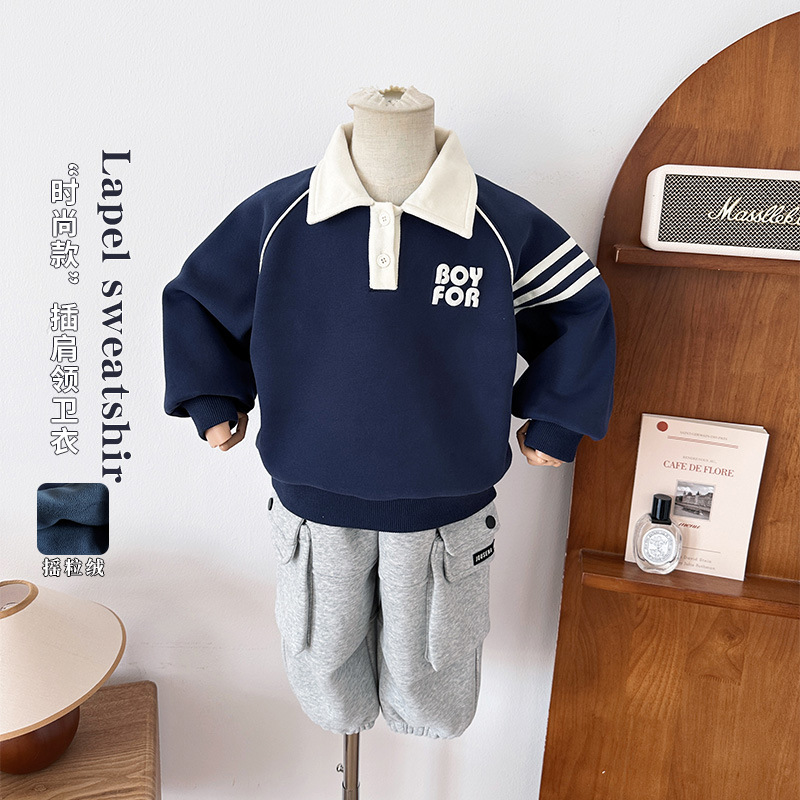 2025冬季新款童装儿童韩版学院风加绒厚卫衣男童百搭POLO