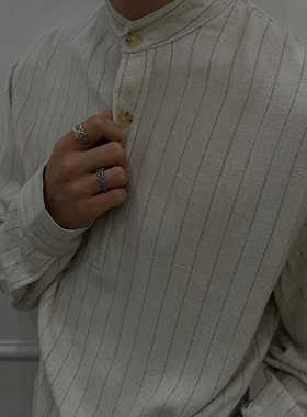 ZOZO FOREST【3130】人棉亚麻混纺条纹小高领秋冬打底长袖衬衫