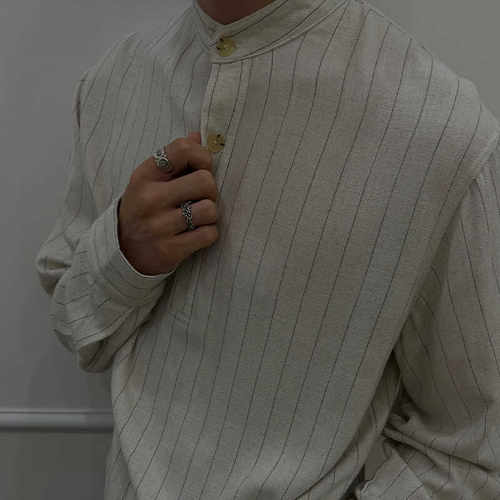 条纹长袖亚麻混纺人棉衬衫小高领