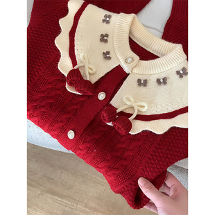 女童安可拉红娃娃领针织衫2025冬季新款儿童拜年服毛衣女孩上衣潮