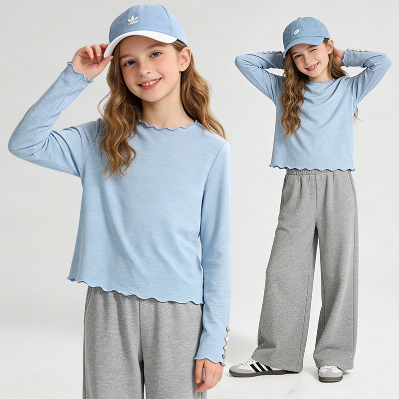 女童韩版打底衫2026春装新款木耳边蓝色小清新高级感洋气时髦T恤