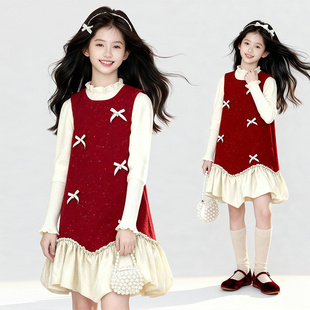 连衣裙套装 韩系加厚蝴蝶结拼接洋气时尚 2025年新款 女童红色秋冬季