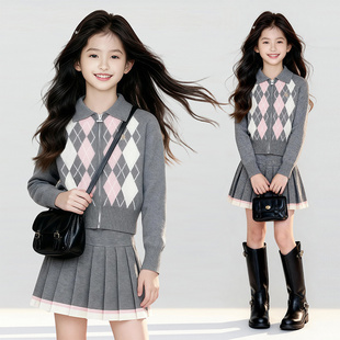 加厚保暖菱格设计毛衣拼色百褶裙两件套 新款 女童2025冬季 韩系套装
