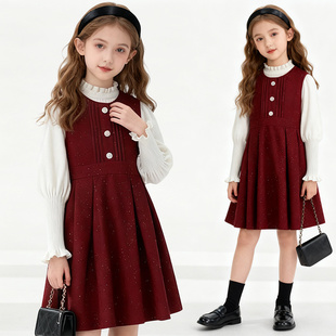 女童连衣裙秋冬季 小香风红色打底衣新年洋气裙子两件套 2025年新款