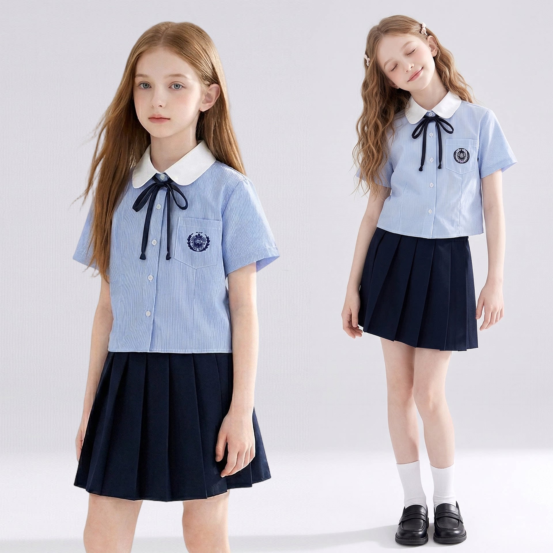 女童套装夏季2026新款学院风制服领结衬衫百褶裙两件套中大童薄款