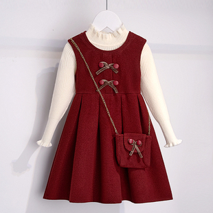 新款 2025儿童冬装 洋气加厚连衣裙两件套潮 红色拜年裙套装 女童冬季