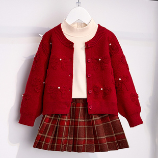 百褶裙新年装 儿童过年拜年服针织衫 潮 过年三件套2024新款 女童冬季