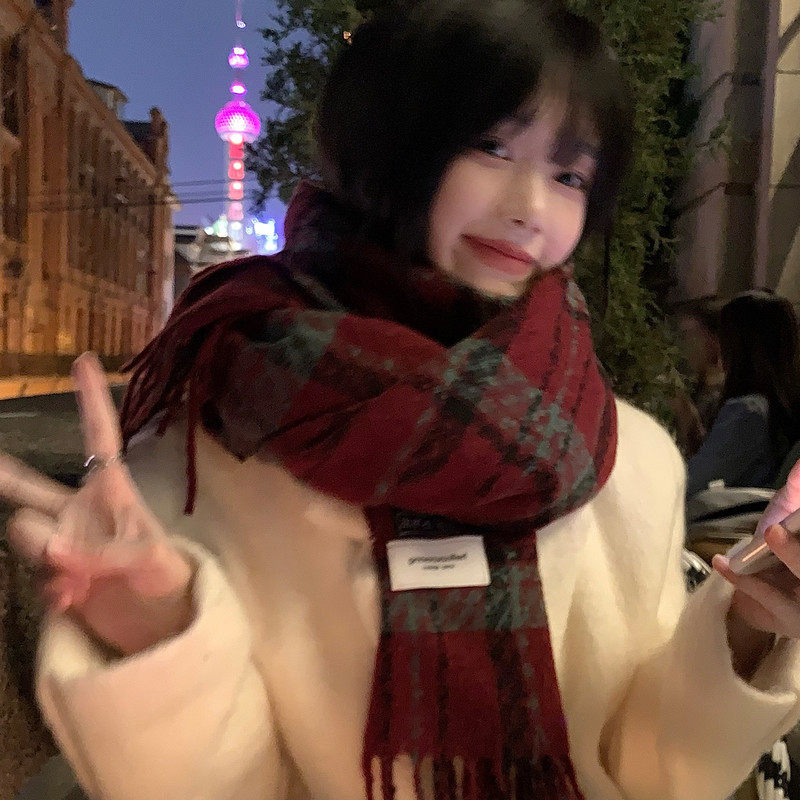 圣诞节围巾红色法式复古格子围巾女冬季保暖氛围感百搭围脖女