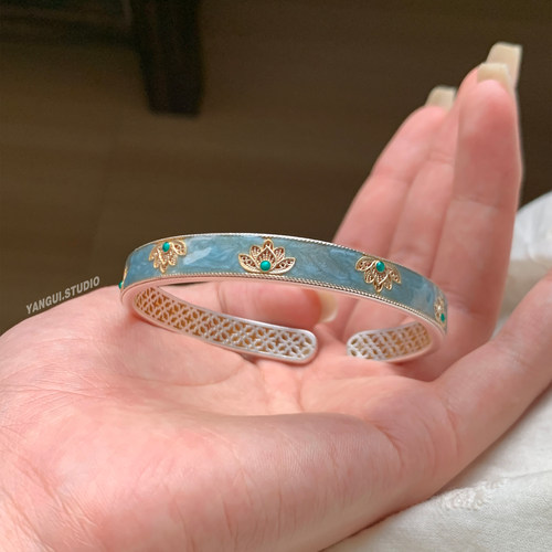 燕归苍清荷国风珐琅足银手镯女