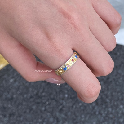 燕归金吉象足银描金情侣戒指