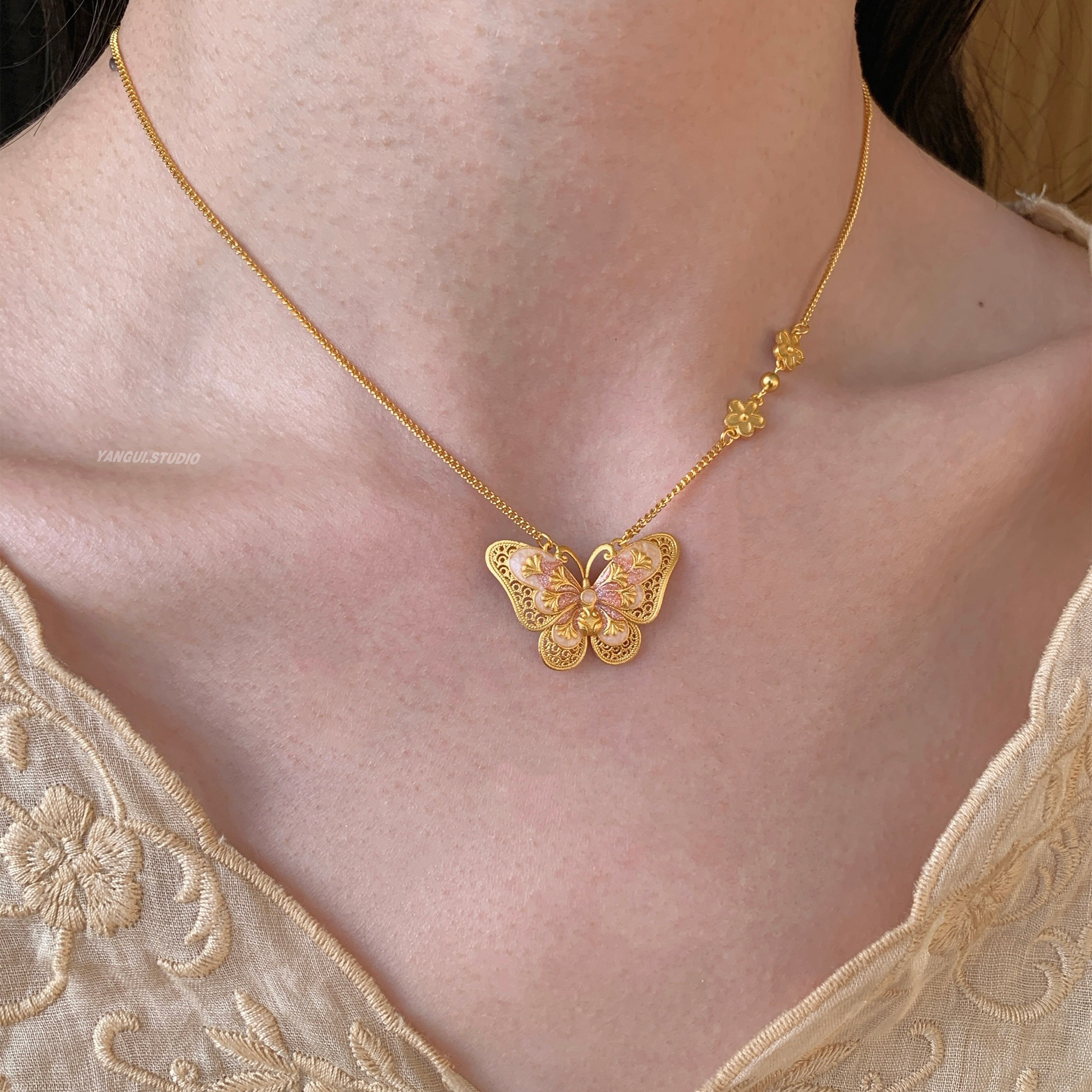 Yangui燕归「粉蔻蛾」国风新中式锁骨链足银9999轻奢重工纯银项链,饰品/流行首饰/时尚饰品新,项链,淘宝优惠券,粉丝福利购,淘宝优惠卷