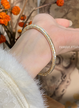 Yangui燕归「吉安」足银999新年祝福语古法雕刻描金招米猫猫手镯