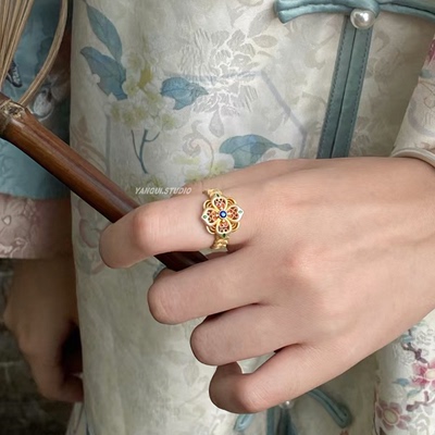 燕归福宁殿国风珐琅彩足银戒指