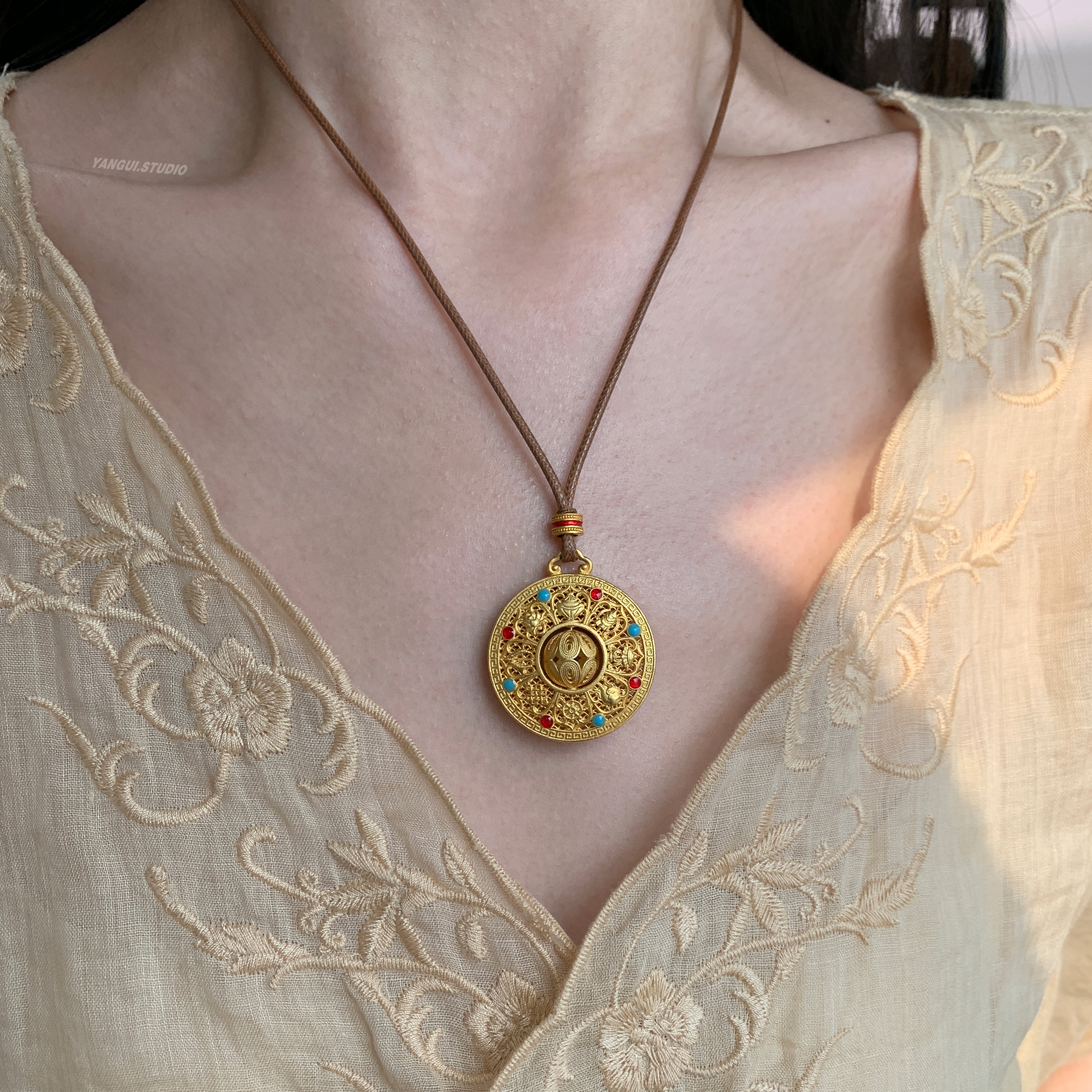 燕归八宝罗盘国风足银情侣项链