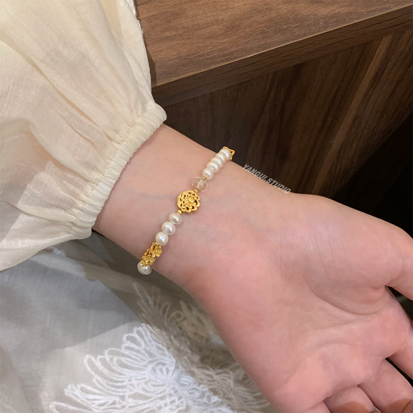 Yangui原创「山茶」新中式白水晶天然淡水珍珠镀金纯银主坠手链女