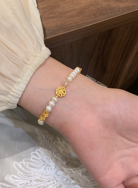 Yangui原创「山茶」新中式白水晶天然淡水珍珠镀金纯银主坠手链女