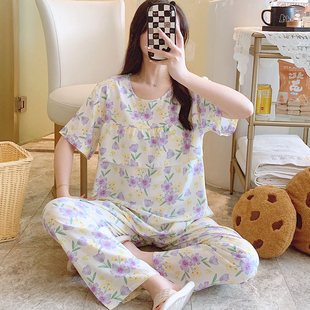 夏季青少年绵绸睡衣套装棉绸紫色花宽松薄款短袖长裤防凸点家居服