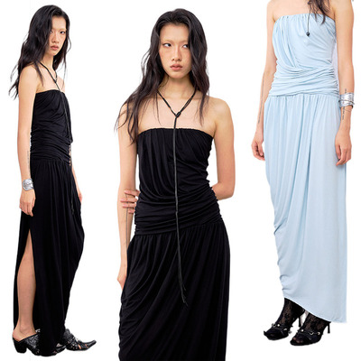 旷臾EMMUIC醋酸垂褶抹胸裙连衣裙