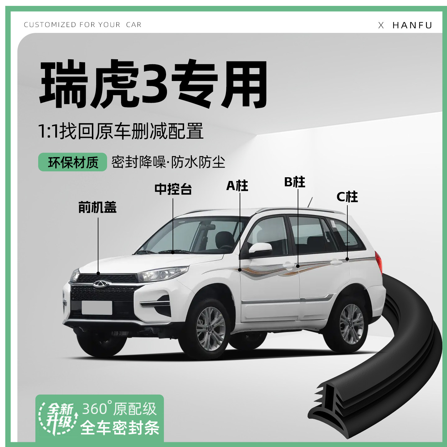 适用奇瑞瑞虎3汽车B柱密封条C柱中控隔音引擎改装饰防撞胶条用品