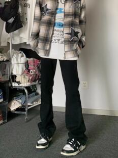 GTGA 国潮高街黑色直筒微喇叭休闲裤子女堆叠感显瘦牛仔裤男潮