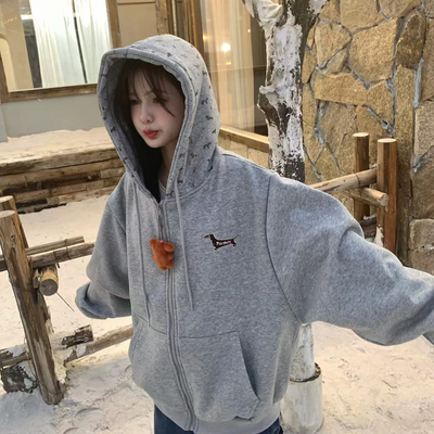 GTGA 美式复古腊肠狗灰色连帽拉链卫衣开衫春季女宽松休闲外套