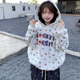 百搭慵懒oversize上衣 新款 GTGA美式 复古星星印花连帽卫衣男女秋季