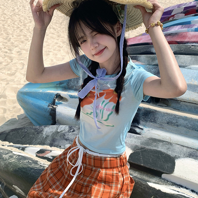 GTGA 2025夏季新款花朵印花蓝绿色渐变短款短袖T恤女圆领正肩上衣