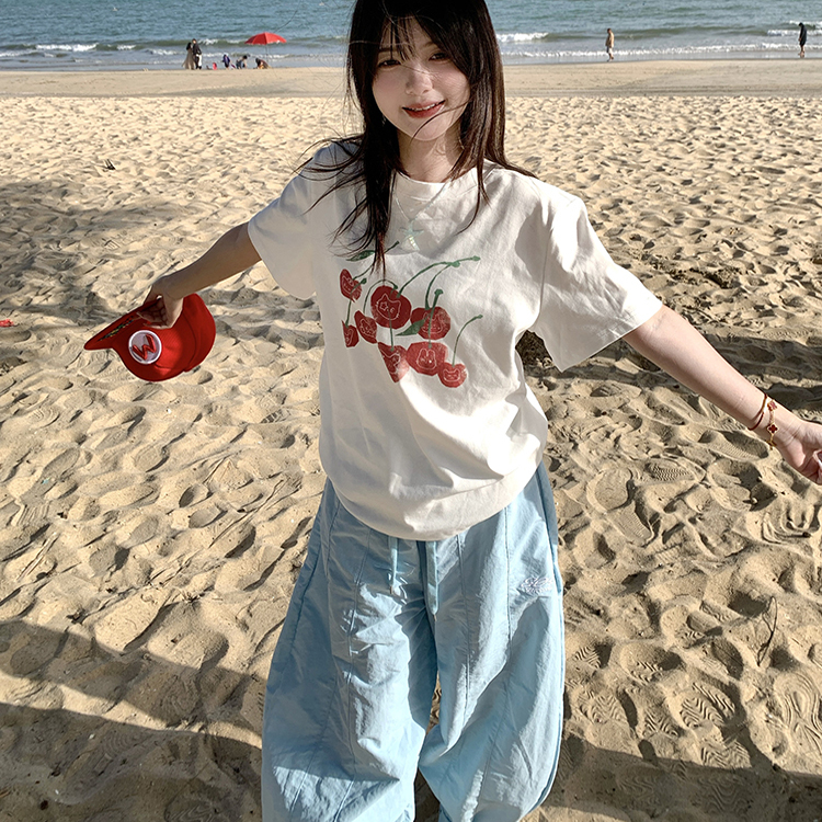 GTGA 美式复古创意樱桃动物头像涂鸦印花短袖T恤男女夏季新款宽松