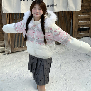 GTGA 面包服 费尔岛复古雪花兔子印花毛领连帽棉服外套女秋冬新款