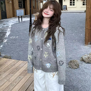 宽松慵懒风毛衣上衣潮 男女秋季 GTGA自制美式 复古卡通提花针织开衫