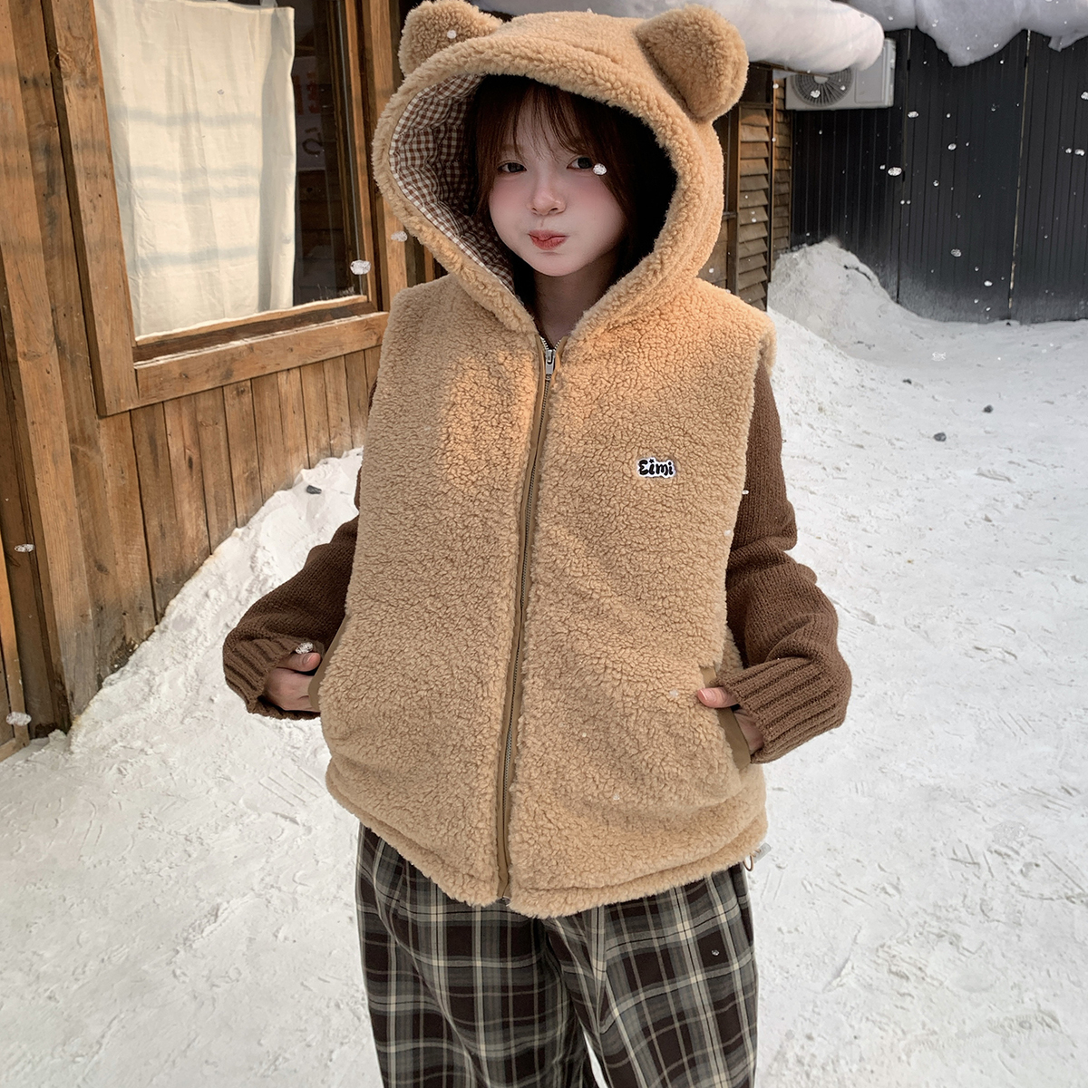 GTGA美式复古毛绒拼接马甲男女秋冬新款宽松百搭连帽无袖坎肩外套