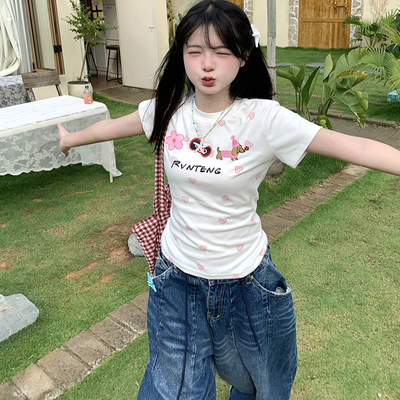 GTGA 美式正肩t恤女夏季爱心满印卡通腊肠狗短袖修身显瘦辣妹上衣