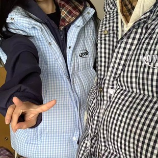 外穿宽松加厚保暖棉服背心外套 复古格子棉马甲男女冬季 GTGA 美式